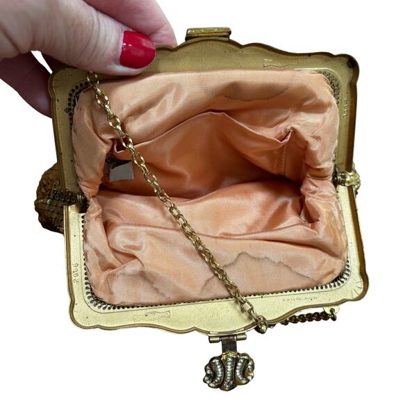 Vintage Whiting & Davis gold mesh evening bag top handle clutch rhinestone clasp - Picture 7 of 13